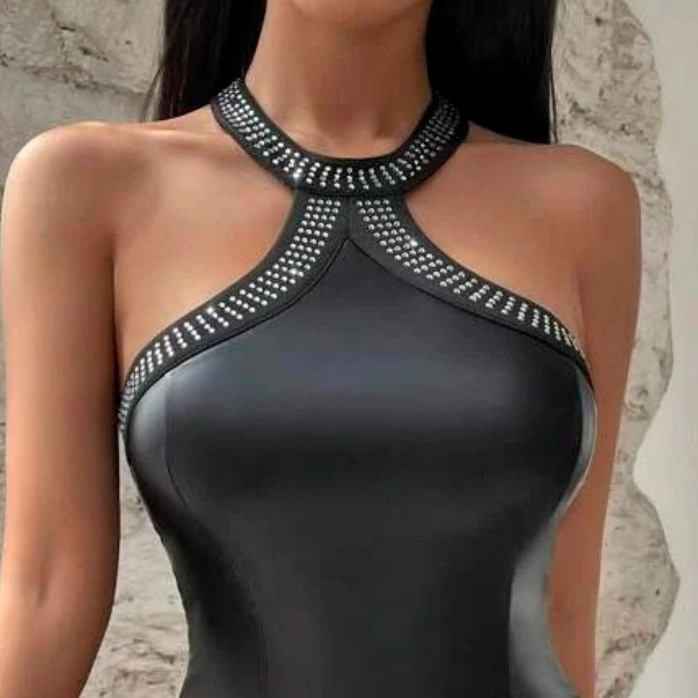 Black PU Leather Rhinestone Halter Bodysuit
